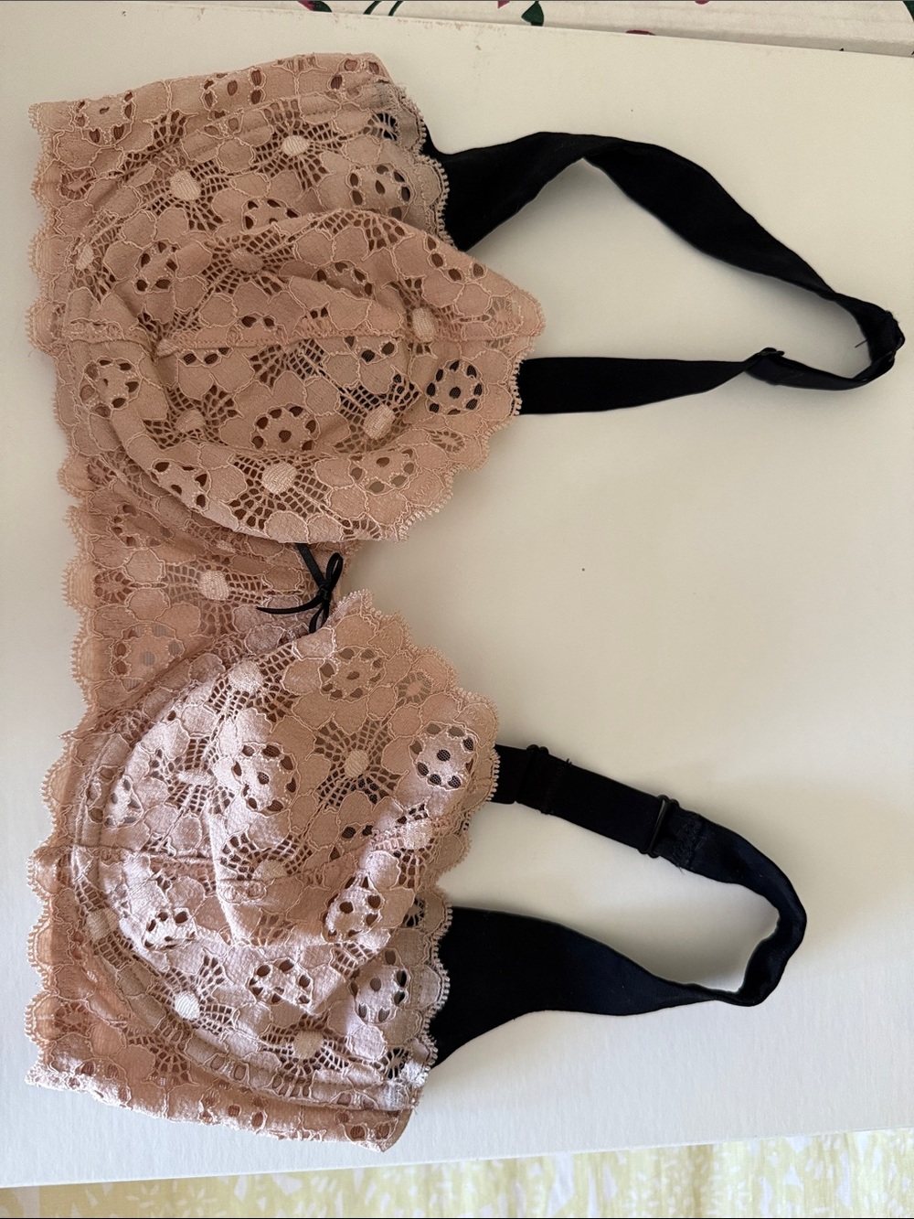 Fleur de Mal Lace Balconette Bra in Blush Pink with Black Straps, 36D